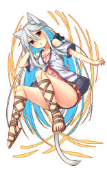 Rule 34 | 1girl, :o, animal ears, blue hair, blush, cat ears, cat girl, cat tail, dodome-iro mayonnaise, dress, frills, full body, gladiator sandals, grey hair, hair between eyes, hand in own hair, hand up, highres, long hair, looking at viewer, multicolored hair, open mouth, original, pink dress, sandals, short dress, sidelocks, solo, tail, thighs, two-tone hair