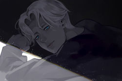 Rule 34 | 1boy, blue eyes, closed mouth, half-closed eyes, johan liebert, looking at viewer, male focus, monochrome, monster (manga), solo, spot color, throttlee, upper body