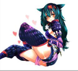 Rule 34 | 1girl, animal ears, aqua hair, armor, ass, blush, breasts, capcom, female focus, hairband, heart, long hair, looking at viewer, lying, monster hunter (series), monster hunter portable 3rd, nargacuga (armor), on side, orange eyes, rathke, sideboob, small breasts, solo, thighs, white background