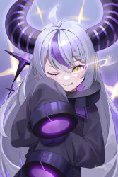Rule 34 | 1girl, ahoge, awa (awao141), black collar, braid, coat, coat dress, collar, demon horns, grey hair, highres, hololive, horns, la+ darknesss, la+ darknesss (1st costume), long hair, looking at viewer, metal collar, multicolored hair, one eye closed, pointy ears, purple coat, purple hair, revision, single braid, sleeves past fingers, sleeves past wrists, smile, streaked hair, tail, tongue, tongue out, very long hair, virtual youtuber