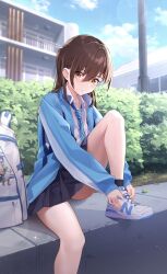 Rule 34 | 1girl, backpack, bag, black skirt, black socks, blue jacket, blue necktie, brown eyes, brown hair, collared shirt, foot out of frame, hair between eyes, highres, jacket, long hair, looking at viewer, necktie, original, pleated skirt, school uniform, shirt, shoes, sitting, skirt, sneakers, socks, solo, vegetablenabe, white bag, white footwear, white shirt