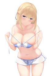 Rule 34 | 1girl, absurdres, bikini, bikini top only, blonde hair, blue bikini, blue eyes, blush, breasts, bursting breasts, cleavage, closed mouth, commentary request, cowboy shot, dolphin shorts, head tilt, highres, kanata (kanade pa), large breasts, leaning forward, micro shorts, navel, original, shorts, sidelocks, simple background, skindentation, smile, solo, stomach, swimsuit, untied bikini, white background, white shorts
