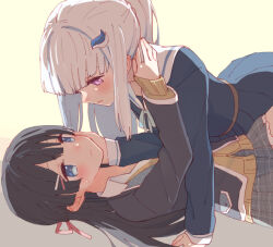 Rule 34 | 2girls, black hair, black jacket, blazer, blue hair, blue jacket, blush, closed mouth, colored inner hair, eye contact, face-to-face, grey skirt, half updo, hand on another&#039;s cheek, hand on another&#039;s face, imminent kiss, jacket, leaning on person, lize helesta, looking at another, lying, miniskirt, multicolored hair, multiple girls, nijisanji, on back, pleated skirt, ponytail, purple eyes, sailor collar, school uniform, skirt, sou (tuhut), straight hair, streaked hair, tsukino mito, upper body, virtual youtuber, white hair, white sailor collar, yuri