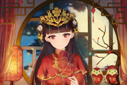 Rule 34 | 1girl, amagi jiang, azur lane, black hair, blunt bangs, blurry, blurry background, blush, breasts, capelet, chinese clothes, commentary request, curtains, double bun, dress, flower, full moon, hair bun, hair flower, hair ornament, hand fan, headpiece, highres, holding, holding fan, indoors, jewelry, lantern, large breasts, light particles, long hair, long sleeves, looking at viewer, manjuu (azur lane), moon, night, red capelet, red dress, red eyes, round window, smile, solo focus, tassel, tree, upper body, window, yat sen (azur lane), yat sen (coronal afterglow) (azur lane)