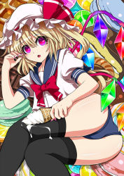 Rule 34 | 1girl, alternate costume, ass, black thighhighs, blonde hair, embodiment of scarlet devil, female focus, flandre scarlet, food, fuji hyorone, hat, ice cream, ice cream cone, one-piece swimsuit, ponytail, red eyes, school swimsuit, school uniform, serafuku, short hair, side ponytail, solo, sweets, swimsuit, swimsuit under clothes, thighhighs, touhou, wings