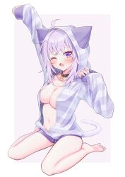 Rule 34 | 1girl, ahoge, animal ears, arm up, barefoot, blush, breasts, cat ears, cat girl, cat tail, collar, collarbone, fang, feet, full body, highres, hololive, hood, hooded jacket, jacket, large breasts, medium hair, navel, nekomata okayu, no pants, one eye closed, open clothes, open jacket, open mouth, purple eyes, purple hair, purple jacket, purple tail, simple background, soles, solo, stretching, tail, tears, virtual youtuber, white background, yukimura 88