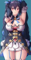 Rule 34 | 1girl, absurdres, armpits, arms behind head, arms up, bare shoulders, black hair, blush, breasts, cleavage, cowboy shot, detached collar, detached sleeves, frown, garter straps, hair between eyes, hair ornament, hair ribbon, highres, large breasts, long hair, looking at viewer, neptune (series), nervous, noire (neptunia), oekakizuki, red eyes, ribbon, ribbon-trimmed skirt, ribbon trim, skirt, solo, sweatdrop, thigh gap, thighhighs, thighs, twintails, very long hair, wavy mouth, white skirt