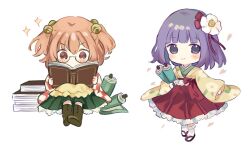 2girls apron bell blush_stickers bobby_socks book book_stack bow brown_footwear checkered_clothes checkered_kimono chibi closed_mouth commentary_request flip-flops floral_print flower frilled_skirt frills full_body green_kimono green_skirt hair_flower hair_ornament hair_ribbon hakama hakama_skirt happy hieda_no_akyuu holding holding_book holding_scroll japanese_clothes jingle_bell kimono long_sleeves motoori_kosuzu multiple_girls orange_eyes orange_hair purple_eyes purple_hair reading red_bow red_kimono red_ribbon red_sash red_skirt ribbon round_eyewear sandals sasami_(shiroi_fuwafuwa) sash scroll shoe_soles simple_background sitting skirt smile socks soles touhou white_background white_kimono white_socks wide_sleeves yellow_apron yellow_kimono