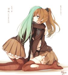Rule 34 | 2girls, aqua hair, blood, blood on face, blush, brown hair, cuts, hair ornament, hairclip, highres, hug, injury, kantai collection, kumano (kancolle), long hair, multiple girls, one-hour drawing challenge, pleated skirt, ponytail, signature, simple background, skirt, suzuya (kancolle), thighhighs, toosaka asagi, torn clothes, torn skirt, translated, white background, zettai ryouiki