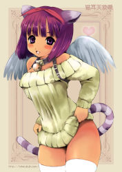 Rule 34 | 1girl, animal ears, bell, blush, bow, cat ears, cat tail, collar, hair bow, neck bell, no pants, original, purple eyes, purple hair, short hair, smile, solo, striped, sweater, tail, thighhighs, togusa masamu, white thighhighs, wings
