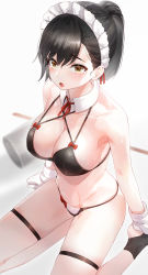 Rule 34 | 1girl, :o, bare arms, bare shoulders, bikini, black bikini, black hair, breasts, brown eyes, bucket, cleavage, detached collar, gloves, groin, halterneck, highres, kfr, large breasts, long hair, looking at viewer, maid, maid bikini, maid headdress, navel, neck ribbon, open mouth, original, ponytail, red ribbon, ribbon, sitting, skindentation, solo, stomach, swimsuit, thigh strap, thighs, unconventional maid, wet, white gloves