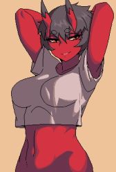 Rule 34 | 1girl, arms behind head, bad id, bad twitter id, black hair, bottomless, colored skin, horns, kidouko (zakusi), looking at viewer, navel, no nose, oni, oni horns, orange eyes, original, out-of-frame censoring, parted lips, pixel art, red oni, red skin, shirt, short hair, signature, simple background, smile, smug, solo, white shirt, yellow background, zakusi