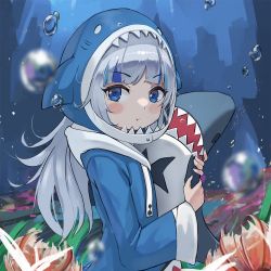 Rule 34 | air bubble, animal hood, arms up, blue background, blue eyes, blue hair, blue hoodie, blue sleeves, blush, bubble, coral, gawr gura, gawr gura (1st costume), highres, holding, hololive, hololive english, hood, hoodie, long hair, long sleeves, looking to the side, ocean, orobou, plant, pout, seaweed, shark, shark hood, solo, stuffed animal, stuffed toy, underwater, upper body, virtual youtuber, white hair