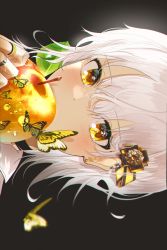 Rule 34 | 1girl, apple, black background, blush, bug, butterfly, commentary, covered mouth, earclip, earrings, english commentary, eyelashes, eyeshadow, food, fruit, gem, glint, hair ornament, highres, holding, holding food, holding fruit, insect, isobe47, jewelry, leaf, looking at viewer, makeup, motion blur, original, portrait, ring, severed hair, short hair, sideways, simple background, solo, stud earrings, water drop, white hair, yellow butterfly, yellow eyes, yellow theme