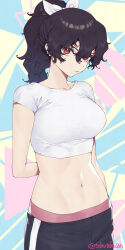Rule 34 | 1girl, arm behind back, black hair, bow, collarbone, crop top, cropped shirt, hair bow, highres, looking at viewer, murata tefu, navel, original, patterned background, photoshop (medium), ponytail, red eyes, shirt, stomach, twitter username, white shirt