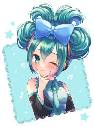 Rule 34 | 1girl, ;t, beamed eighth notes, black sleeves, blue bow, blush, bow, cinnamiku, closed mouth, collared shirt, commentary request, cropped torso, detached sleeves, eighth note, frilled shirt, frilled shirt collar, frills, green eyes, green hair, green necktie, grey shirt, hair bow, hand up, hatsune miku, heart, highres, long sleeves, musical note, necktie, one eye closed, shirt, sleeveless, sleeveless shirt, solo, star (symbol), upper body, v over mouth, vocaloid, wavy hair, white background, wide sleeves, yomogi (becr)