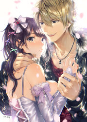 Rule 34 | 1boy, 1girl, artist name, back, bare shoulders, blonde hair, blurry, blurry foreground, blush, bow, breasts, brown eyes, brown hair, detached sleeves, dress, falling petals, fur-trimmed jacket, fur-trimmed sleeves, fur collar, fur trim, hair bow, hetero, highres, jacket, jewelry, large breasts, long hair, long sleeves, looking at viewer, necklace, open mouth, original, parted lips, petals, purple bow, sideboob, signature, simple background, smile, suihei sen, sweatdrop, upper body, white background, yellow eyes