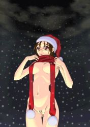 Rule 34 | 1girl, christmas, cowboy shot, female pubic hair, glasses, hat, naked scarf, nude, pubic hair, pussy, red hat, santa hat, scarf, snow, snowing, solo, uncensored