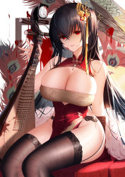 Rule 34 | 1girl, absurdres, an yasuri, azur lane, black hair, black legwear, blood, blood on face, breasts, china dress, chinese clothes, cleavage, dress, empty eyes, highres, large breasts, long hair, looking at viewer, official alternate costume, red eyes, taihou (azur lane), taihou (phoenix&#039;s spring song) (azur lane), thighs, twintails, very long hair, yandere