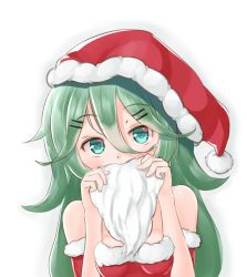 Rule 34 | 10s, 1girl, alternate costume, aqua eyes, bare shoulders, blush, boronoki, breasts, christmas, commentary request, fake beard, fake facial hair, fur trim, green hair, hair between eyes, hair ornament, hairclip, hat, holding, kantai collection, long hair, looking at viewer, santa costume, santa hat, simple background, small breasts, solo, strapless, upper body, white background, yamakaze (kancolle)