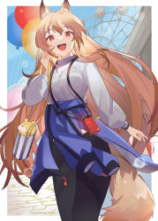 Rule 34 | 1girl, :d, absurdres, animal ears, arknights, bag, balloon, black pants, blue jacket, breasts, brown hair, casual, ceobe (arknights), character name, clothes around waist, clothes writing, cowboy shot, day, dog ears, dog tail, ferris wheel, grey sweater, highres, jacket, jacket around waist, large breasts, long hair, long sleeves, official alternate costume, open mouth, outdoors, pants, red eyes, rippajun, shoulder bag, smile, solo, sweater, tail, very long hair