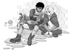 Rule 34 | 2boys, armor, bag, boots, bottle, bowl, brick wall, carrot, cloak, commentary, dark-skinned male, dark skin, dungeon meshi, english commentary, feeding, food, fork, full body, greaves, greyscale, hair between eyes, hands up, hashtag-only commentary, highres, holding, holding bowl, holding fork, hood, hood down, hooded cloak, indian style, kabru, lindriart, long sleeves, looking at another, male focus, mithrun, monochrome, multiple boys, open mouth, pauldrons, poleyn, short hair, shoulder armor, single pauldron, sitting, stone floor, uneven eyes, walking mushroom (dungeon meshi)