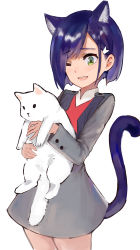 Rule 34 | 10s, 1girl, absurdres, abuwei shenshijun, animal, animal ears, blue hair, cat, cat ears, cat tail, darling in the franxx, green eyes, hair ornament, hairclip, highres, holding, holding animal, holding cat, ichigo (darling in the franxx), one eye closed, open mouth, short hair, simple background, standing, tail, uniform, white background, white cat