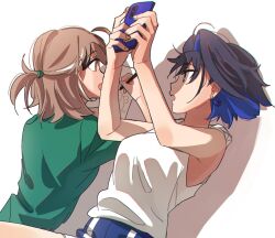 Rule 34 | 2girls, ahoge, alternate costume, blue eyes, blue hair, blue shorts, bow, bow earrings, brmameng, brown eyes, brown hair, casual, cellphone, colored inner hair, drawing, earrings, fingernails, green shirt, gym shorts, hair intakes, highres, hololive, hololive english, jewelry, lying, multicolored hair, multiple girls, nanashi mumei, on back, on stomach, ouro kronii, paper, pen, phone, shirt, short hair, short shorts, shorts, smartphone, streaked hair, t-shirt, talking, tank top, virtual youtuber, white tank top