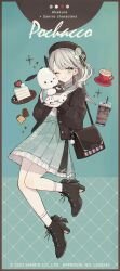 Rule 34 | 1girl, absurdres, akakura, arms up, artist name, bag, black footwear, black headwear, black jacket, black ribbon, cake, character name, closed mouth, copyright name, cross-laced footwear, cup, drinking straw, english text, food, full body, green eyes, green skirt, grey hair, high heels, highres, jacket, long sleeves, looking at viewer, one eye closed, open clothes, open jacket, pleated skirt, pochacco, ribbon, sanrio, shirt, short hair, skirt, smile, socks, solo, stuffed toy, white shirt, white socks