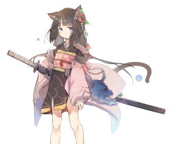 Rule 34 | 1girl, animal ears, bad id, bad pixiv id, bandaged arm, bandages, black kimono, blunt bangs, blush, brown hair, cat ears, cat tail, child, closed mouth, commentary, feet out of frame, flower, hair flower, hair ornament, japanese clothes, katana, kimono, legs apart, long hair, long sleeves, looking at viewer, mask, unworn mask, mitu yang, obi, oni mask, original, purple eyes, sash, sheath, sheathed, simple background, solo, standing, sword, tail, weapon, white background, wide sleeves