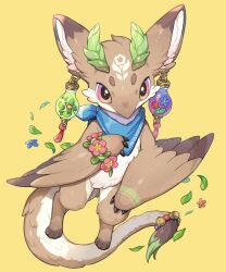 Rule 34 | animal ear fluff, asaseno sio315, blue neckerchief, body fur, bracelet, brown fur, claws, commentary, creature, earrings, falling leaves, feathered wings, fewer digits, flower, flower wreath, full body, gradient eyes, highres, horns, jar, jewelry, leaf, looking at viewer, multicolored eyes, neckerchief, no humans, original, pink eyes, pink flower, simple background, solo, symbol-only commentary, tail, tail ornament, tassel, two-tone eyes, white fur, winged arms, wings, yellow background