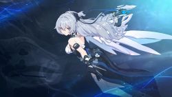 Rule 34 | 1girl, absurdres, bare shoulders, black gloves, blue background, bronya zaychik, bronya zaychik (silverwing: n-ex), closed mouth, dress, drill hair, gloves, grey eyes, grey hair, gun, highres, holding, holding gun, holding weapon, honkai (series), honkai impact 3rd, looking at viewer, looking to the side, official art, single glove, single sleeve, sleeveless, sleeveless dress, third-party source, twin drills, weapon, white dress, white sleeves