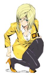 Rule 34 | 1girl, ashiomi masato, black pantyhose, blonde hair, breasts, closed mouth, guilty gear, guilty gear xrd, high heels, long hair, looking at viewer, millia rage, pantyhose, signature, simple background, skirt, solo, white background