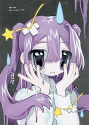 Rule 34 | 1girl, crossed bandaids, crying, crying with eyes open, dripping, flower, grey background, hair between eyes, hands up, heart, highres, long hair, long sleeves, momose kikuka, original, paint, painting (medium), parted lips, purple eyes, purple hair, solo, star (symbol), sticker, sweatdrop, sweater, tears, traditional media, translation request, two side up, upper body, white sweater
