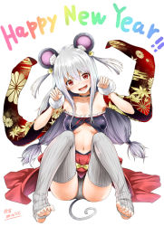 Rule 34 | 1girl, 2020, :d, akatsuki myuuto, animal ears, bare shoulders, blush, breasts, chinese zodiac, choker, cleavage, collarbone, dated, detached sleeves, feet, full body, hair between eyes, happy new year, japanese clothes, long hair, looking at viewer, medium breasts, midriff, mouse ears, mouse tail, navel, new year, open mouth, original, panties, red eyes, signature, silver hair, smile, solo, tail, thighhighs, thighs, toeless legwear, toes, twintails, underwear, very long hair, white background, wide sleeves, year of the rat