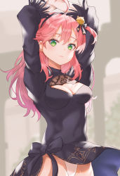 Rule 34 | ahoge, arms up, bell, black bow, black dress, black hairband, blurry, blurry background, blush, bow, breasts, cleavage, cleavage cutout, closed mouth, clothing cutout, cosplay, cowboy shot, depth of field, dress, green eyes, hair bell, hair bow, hair ornament, hairband, highres, hololive, jingle bell, leotard, leotard peek, leotard under clothes, looking at viewer, mole, mole under mouth, nier:automata, nier (series), one side up, sakura miko, short dress, small breasts, solo, sutei (arece15), upskirt, virtual youtuber, white leotard, 2b (nier:automata), 2b (nier:automata) (cosplay)