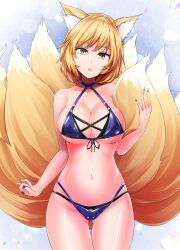 Rule 34 | 1girl, \||/, alternate costume, animal ear fluff, animal ears, bikini, blonde hair, blue nails, breasts, cleavage, commentary request, fox ears, fox tail, gluteal fold, hand up, head tilt, kitsune, large breasts, looking at viewer, multiple tails, nail polish, parted lips, short hair, solo, swimsuit, tail, teeth, thigh gap, touhou, y2, yakumo ran, yellow eyes