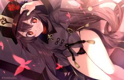 Rule 34 | 1girl, arm up, bare legs, black hat, black nails, black panties, blush, bow, bow panties, bug, butterfly, closed mouth, dutch angle, flower, flower-shaped pupils, genshin impact, grey jacket, hat, hat flower, hu tao (genshin impact), insect, jacket, jewelry, lens flare, long sleeves, midriff, nail polish, panties, red bow, red eyes, red flower, red shirt, ring, shirt, sitting, smile, solo, stomach, symbol-shaped pupils, underwear, yatano