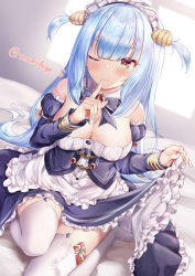 Rule 34 | 1girl, absurdres, apron, artist name, azur lane, bare shoulders, blue hair, breasts, clam shell, detached collar, detached sleeves, dress, fake antlers, finger to mouth, frilled apron, frilled dress, frilled hairband, frills, garter straps, hairband, highres, indoors, juliet sleeves, layered dress, long hair, long sleeves, looking at viewer, maid headdress, makihige, medium breasts, neptune (azur lane), one eye closed, puffy sleeves, purple dress, shell hair ornament, solo, thighhighs, very long hair, white apron, white garter straps, white thighhighs