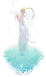 Rule 34 | 1girl, absurdres, backless dress, backless outfit, bare shoulders, blonde hair, blue eyes, bouquet, breasts, bridal veil, bride, dress, elbow gloves, flower, foam, from side, full body, gloves, hair ornament, highres, holding, large breasts, liquid clothes, long hair, looking at viewer, mermaid melody pichi pichi pitch, nanami lucia, ohisashiburi, simple background, solo, strapless, strapless dress, tiara, veil, very long hair, water, waves, wedding, wedding dress, white background, white dress, white gloves