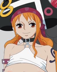 Rule 34 | 1girl, armlet, arms at sides, bare shoulders, belt collar, breasts, breasts out, collar, facing viewer, grey background, hat, highres, large breasts, long hair, looking down, matching hair/eyes, nami (one piece), one piece, one piece film: red, orange eyes, orange hair, pirate hat, portrait, smile, solo, tagme, tareme, arm tattoo