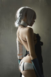 Rule 34 | 1girl, absurdres, ass, asymmetrical clothes, asymmetrical hair, backless outfit, bandages, bandaged arm, bandaged neck, bandages, braid, butt crack, derivative work, elbow gloves, from side, gloves, highres, jingyu shen, kaine (nier), lingerie, negligee, nier, nier (series), nose, panties, realistic, shadow, short braid, short hair, silver hair, single braid, single elbow glove, solo, spaghetti strap, underwear, white panties