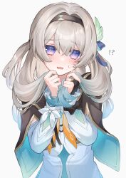Rule 34 | !?, 1girl, aqua hair, blush, commentary request, firefly (honkai: star rail), gradient hair, grey background, grey hair, grey hairband, hairband, hands up, highres, holding own hair, honkai: star rail, honkai (series), long hair, long sleeves, looking at viewer, mokankan, multicolored hair, open mouth, purple eyes, shirt, solo, two side up, upper body, white shirt