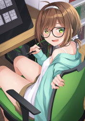 Rule 34 | 1girl, ahoge, bare shoulders, black-framed eyewear, blue jacket, blush, brown hair, brown shorts, camisole, chair, commentary request, computer, drawing tablet, fang, glasses, green eyes, hair ornament, hair over one eye, hair scrunchie, hairband, haru (kuzuyu), highres, holding, holding stylus, hood, hood down, hooded jacket, indoors, jacket, komori kuzuyu, long sleeves, looking at viewer, looking back, low twintails, office chair, on chair, open clothes, open jacket, open mouth, original, scrunchie, short shorts, short twintails, shorts, sitting, sleeves past wrists, solo, stylus, sweat, swivel chair, table, tears, twintails, white camisole, white hairband, white scrunchie, wooden floor