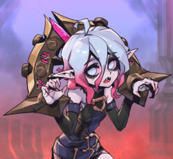 Rule 34 | 1girl, ahoge, bags under eyes, belt, black belt, briar (league of legends), colored sclera, commentary, detached sleeves, english commentary, fingernails, gradient background, gradient hair, grey hair, hair between eyes, korean commentary, league of legends, long hair, looking at viewer, looking to the side, multicolored hair, no pupils, open mouth, phantom ix row, pink hair, pointy ears, red sclera, sharp fingernails, sharp teeth, sidelocks, solo, teeth, two-tone hair, upper body, upper teeth only, vampire, white eyes, wrist cuffs