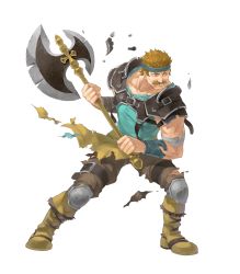 Rule 34 | 1boy, axe, bandages, bartre, boots, brown eyes, brown hair, facial hair, fire emblem, fire emblem: the binding blade, fire emblem heroes, full body, headband, highres, injury, male focus, mustache, nintendo, official art, okaya mrh, solo, teeth, transparent background, weapon