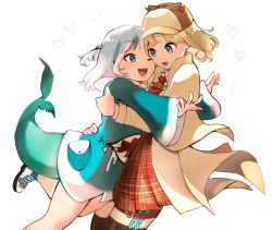 Rule 34 | bare legs, black legwear, blonde hair, blue eyes, blue hair, blue hoodie, blush, brown coat, brown headwear, brown skirt, coat, collared shirt, commentary, cross-laced footwear, deerstalker, fins, fish tail, frq4 h, gawr gura, hat, heart, highres, hololive, hololive english, hood, hoodie, hug, looking at another, medium hair, miniskirt, multicolored hair, necktie, one eye closed, open clothes, open coat, open mouth, outstretched arms, plaid, plaid skirt, pleated skirt, red neckwear, shark tail, sharp teeth, shirt, shoes, short hair, short twintails, silver hair, simple background, skirt, smile, streaked hair, tail, teeth, test tube, thigh strap, thighhighs, twintails, two-tone hair, two side up, virtual youtuber, watson amelia, watson amelia (1st costume), white background, white footwear, white shirt, yuri