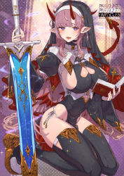 Rule 34 | 1girl, black thighhighs, book, breasts, cleavage cutout, clothing cutout, demon tail, dress, habit, hands up, holding, holding book, holding sword, holding weapon, horns, large breasts, long hair, looking at viewer, nun, open mouth, original, pelvic curtain, pink hair, purple eyes, seiza, sitting, solo, sword, tail, tajima ryuushi, thighhighs, veil, watermark, weapon