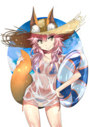 Rule 34 | 10s, 1girl, animal ears, bikini, blue bikini, breasts, cleavage, collarbone, ears through headwear, fate/extra, fate/grand order, fate (series), fox ears, fox tail, haku (grimjin), highres, large breasts, navel, pink hair, see-through, shirt, solo, swimsuit, tail, tamamo (fate), tamamo no mae (fate/extra), tamamo no mae (swimsuit lancer) (fate), tamamo no mae (swimsuit lancer) (second ascension) (fate), wet, wet clothes, wet shirt, yellow eyes