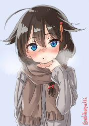 Rule 34 | 1girl, ahoge, blue background, blue eyes, blush, bow, braid, breath, brown hair, brown scarf, ebifurya, grey sweater, hair between eyes, hair bow, hair flaps, hair ornament, hair over shoulder, highres, kantai collection, long hair, long sleeves, looking at viewer, parted lips, red bow, scarf, shigure (kancolle), shigure kai ni (kancolle), simple background, single braid, solo, sweater, twitter username, upper body